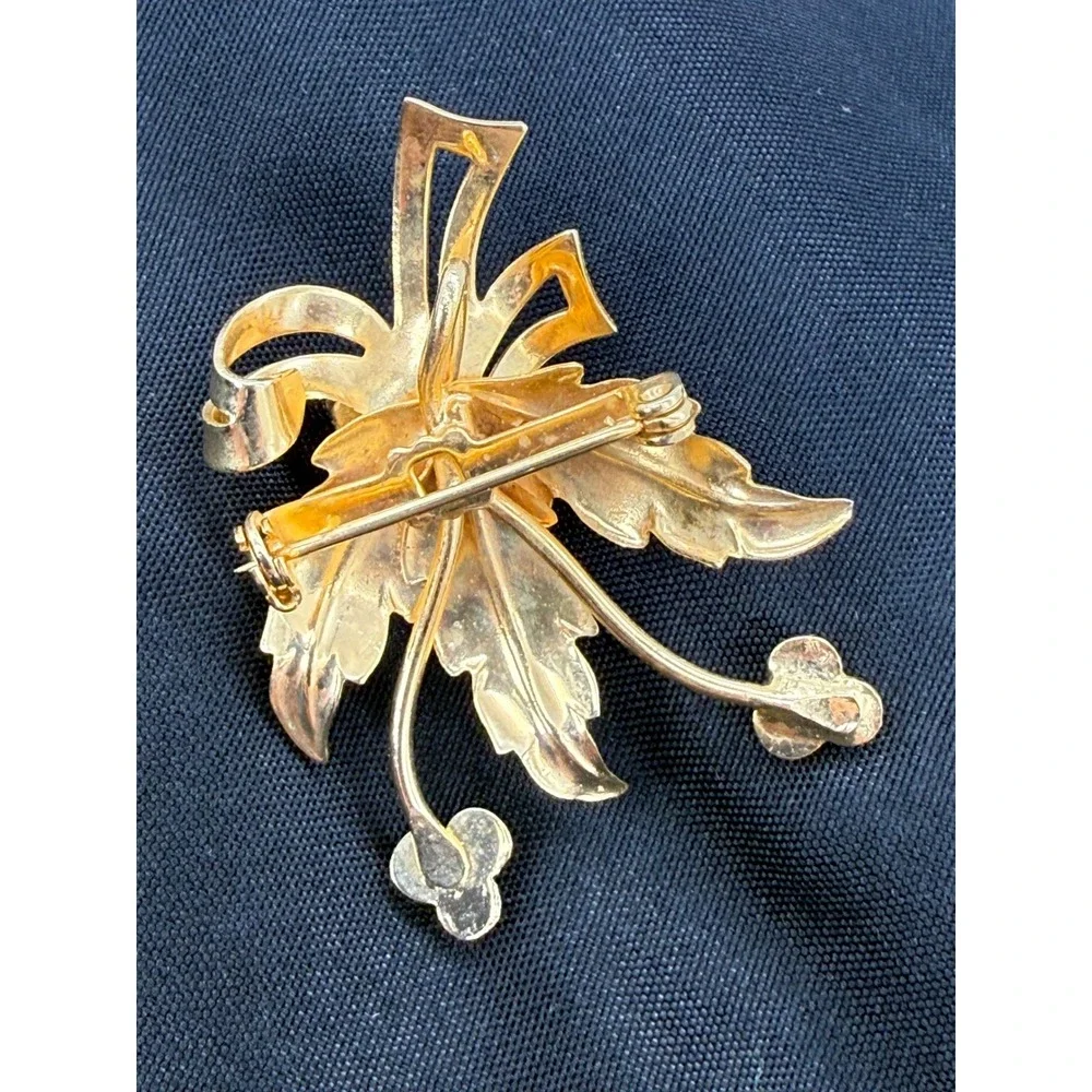 Vintage Feminine Green Rhinestone Floral Bow Brooch Pin Leaf Retro Statement